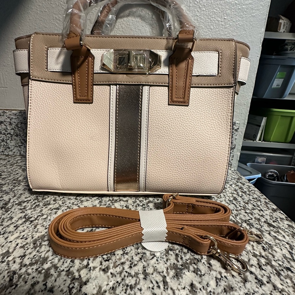 Aldo Structured Colorblock Satchel Handbag with Strap - Nude/Beige/Tan - NWT
